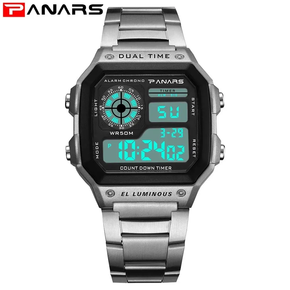 PANARS-reloj deportivo de lujo para hombre, cronógrafo Digital con correa de acero inoxidable, resistente al agua, con luz trasera y alarma