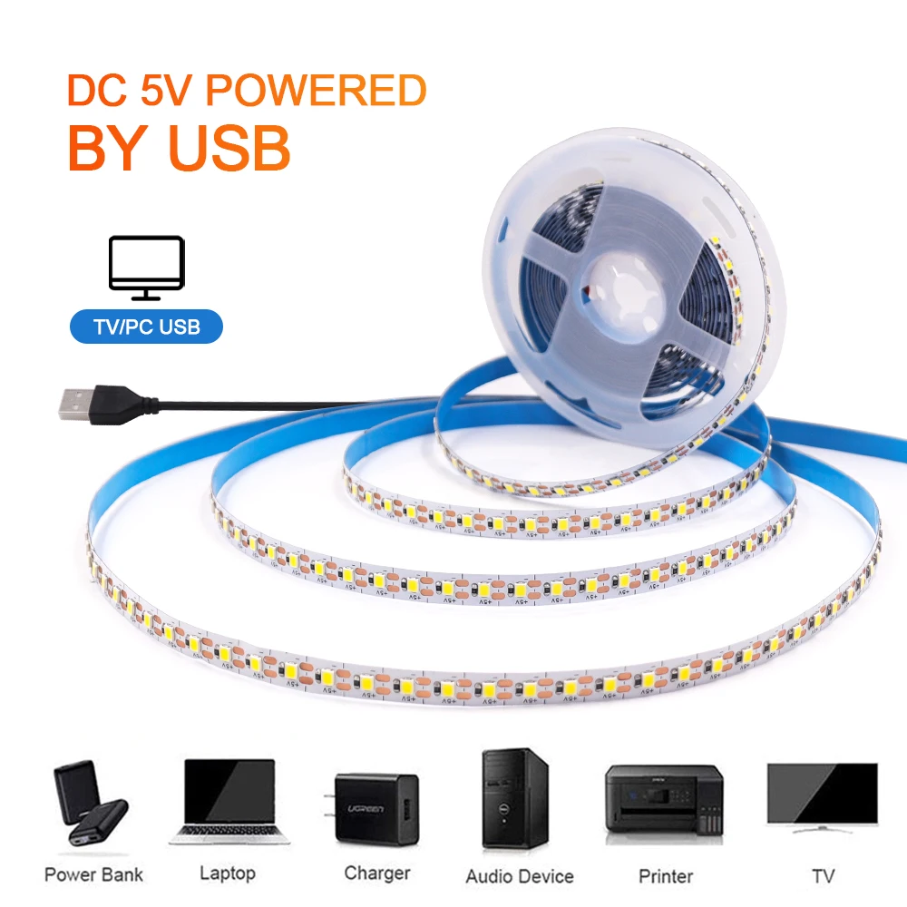 Tira de luces LED de 5V 2835, 3mm, 5mm, 8mm, ancho PCB, 120Leds/m, cinta LED Flexible, diodo, cable USB/2PIN, luces Led para decoración de habitación