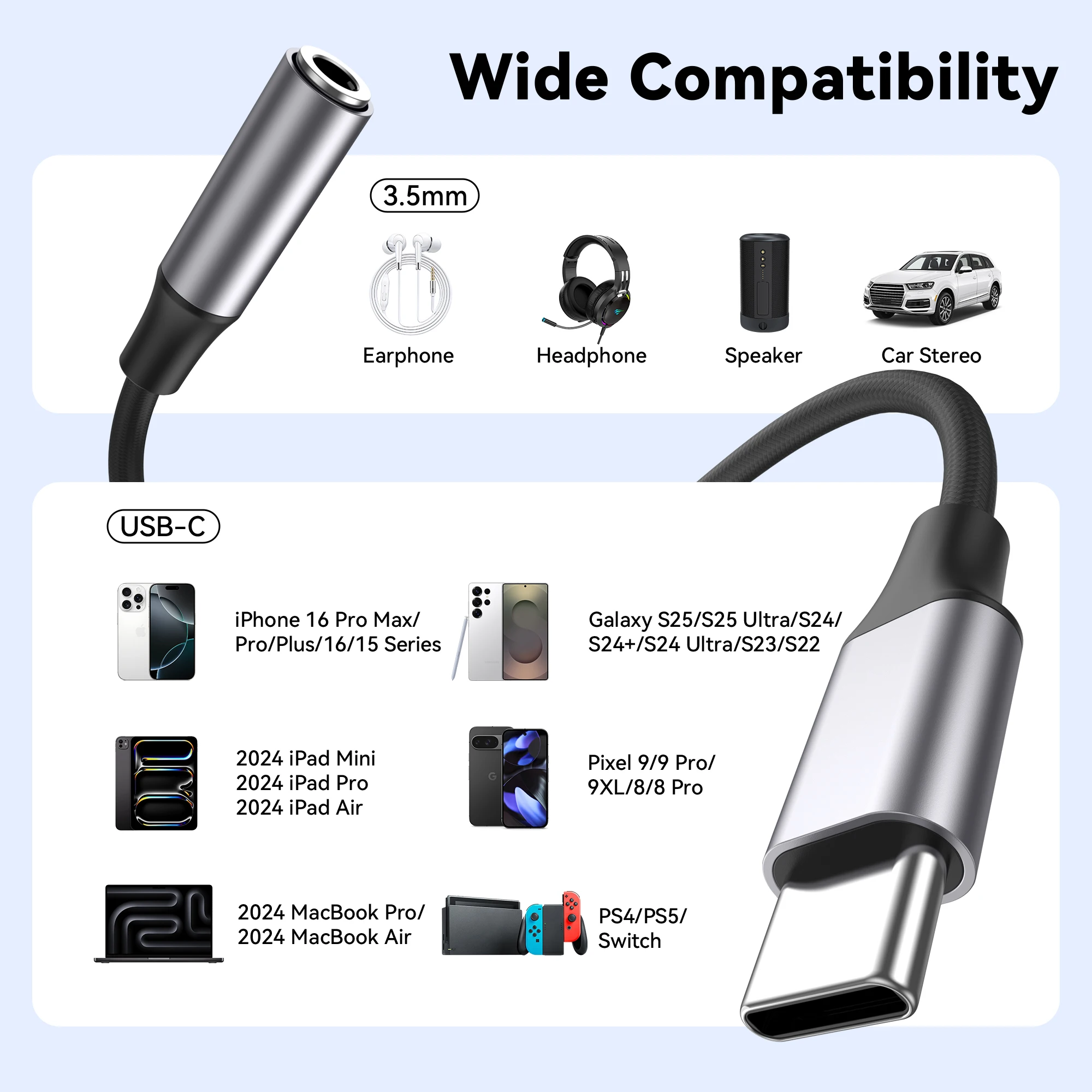 Adaptador de auriculares tipo C a conector de 3,5mm USB-C 3,5mm convertidor de Cable de Audio para IPhone 15 15 Pro MAX Samsung Galaxy Huawei Xiaomi