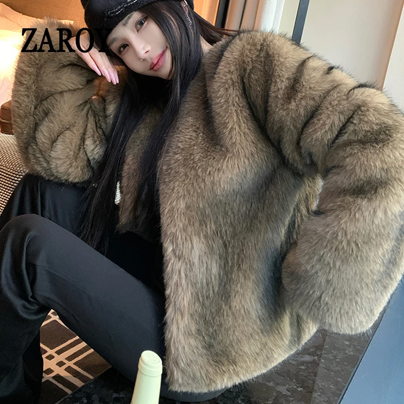ZAROY Abrigo de piel sintética para mujer, ideal para el invierno, de lujo y elegante, con cuello redondo, tipo cárdigan, chaqueta de piel, abrigo de piel suave y cálido, perfecto para fiestas y banquetes.