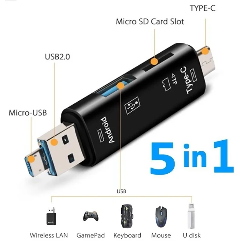 Lector de tarjetas de memoria multifunción 5 en 1 Usb 2,0 tipo C/Usb/Micro Usb/Tf/SD adaptador de lector de tarjetas OTG accesorios para teléfono móvil
