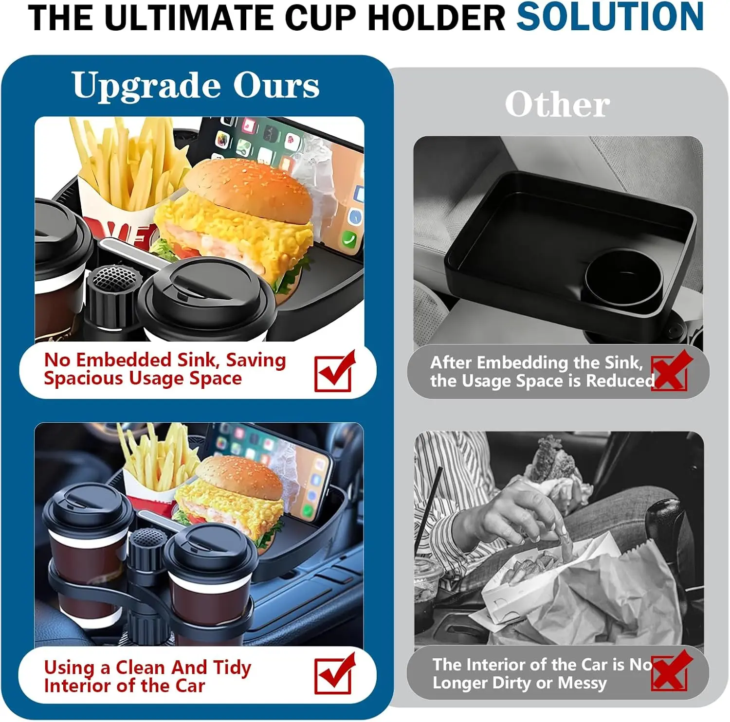 Expansor de portavasos doble ajustable para asiento de coche, soporte de taza multifuncional giratorio de 360 °, bandeja para aperitivos, soporte para bebidas