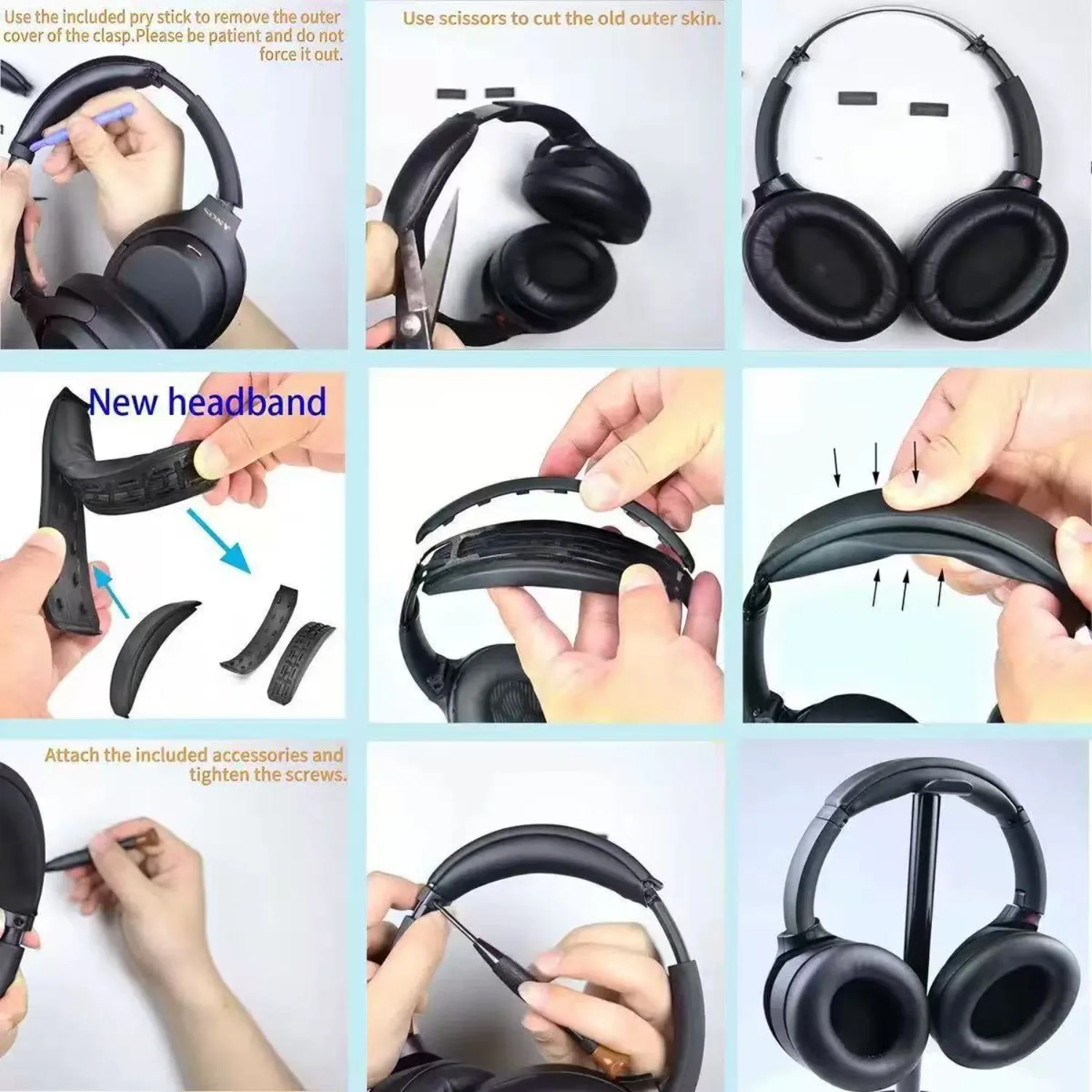 Almohadillas de gel refrescante para auriculares Sony WH-1000XM3, almohadillas de malla transpirable, cojines de cuero de oveja y cuero proteico, diadema con clip.