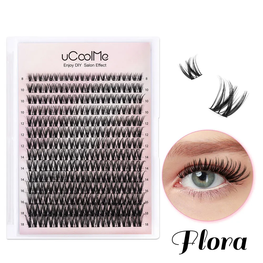 uCoolMe DIY extensión de pestañas Flora 0,05mm D Curl hecho a mano 8-18mm Natural ancho Span Wispy Lash Clusters mechones de pestañas postizas