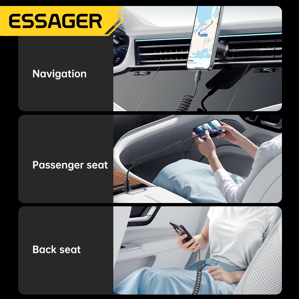 Essager Cable tipo C de resorte para coche para iPhone 16 15 Xiaomi Samsung 100W PD carga rápida para Macbook iPad Cable tipo C a tipo C
