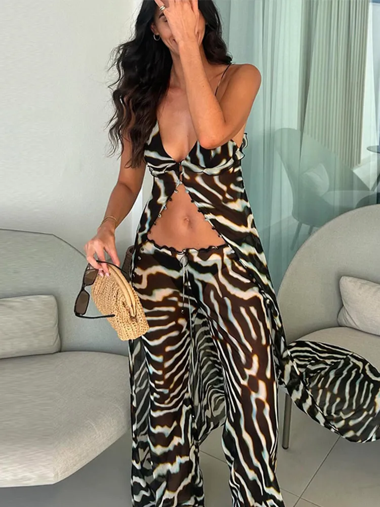 Conjunto de 2 Piezas de Chifón Transparente con Estampado de Cebra para Mujer, Top Corto con Cuello en V y Pantalones Anchos, Atuendo Casual Chic para Vacaciones