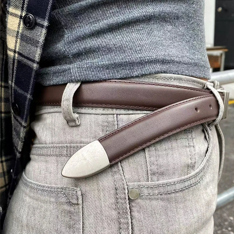 Cinturón vintage unisex de piel de vaca de cuero genuino negro con hebilla plateada para hombres y mujeres cinturón de moda para pantalones vaqueros