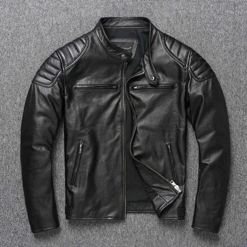 Nueva chaqueta de cuero de vaca de 100%, ropa de capa superior para hombre, ropa de motocicleta con cuello levantado para hombre, ropa de motocicleta de talla grande para Otoño e Invierno