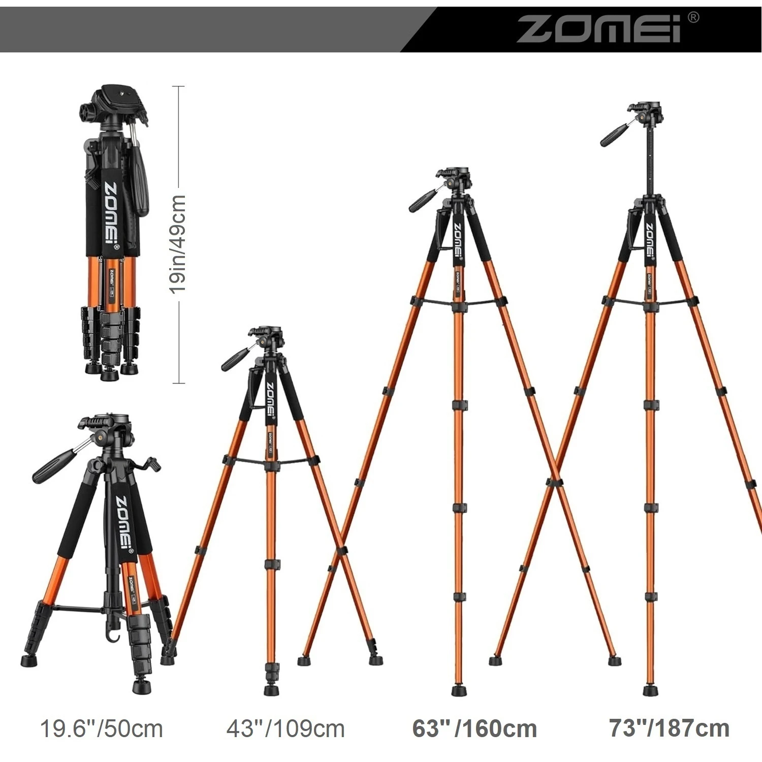 Trípode portátil Zomei de aleación de aluminio de 187cm/73,6 pulgadas de alto para cámara DSLR Canon Nikon, soporte para teléfono de fotografía panorámica de 360 grados
