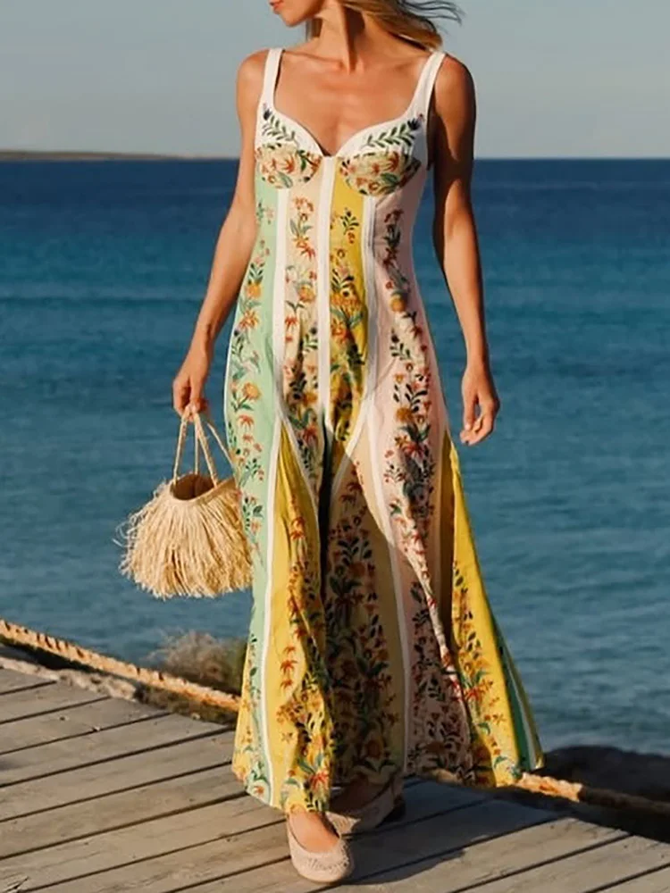 Moda elegante mujer Vestidos de fiesta sin mangas Casual cuello en V profundo Maxi vestido de verano sin espalda vestido estampado de cintura alta Vestidos