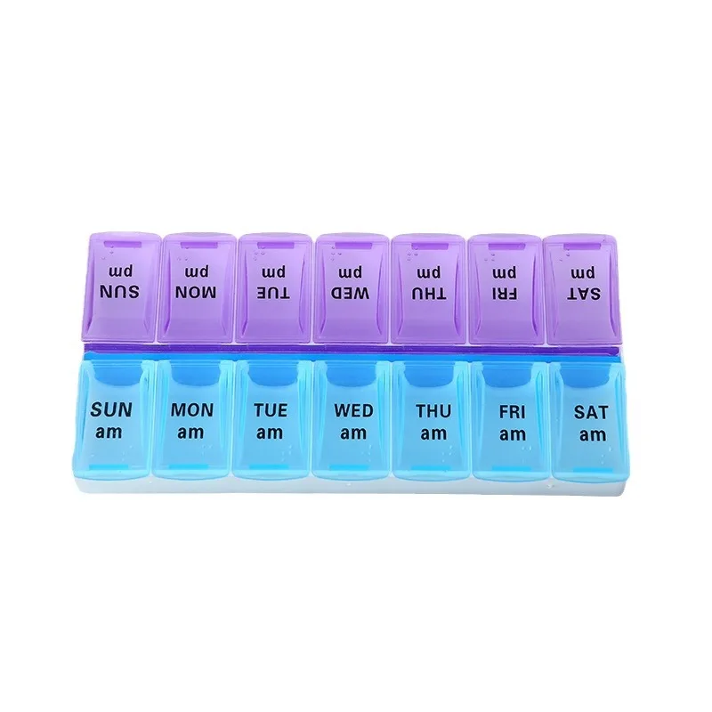 Caja de medicamentos portátil de doble fila, pequeña, de gran capacidad para siete días a la semana, con 14 compartimentos y tapa abierta para almacenamiento de medicamentos.