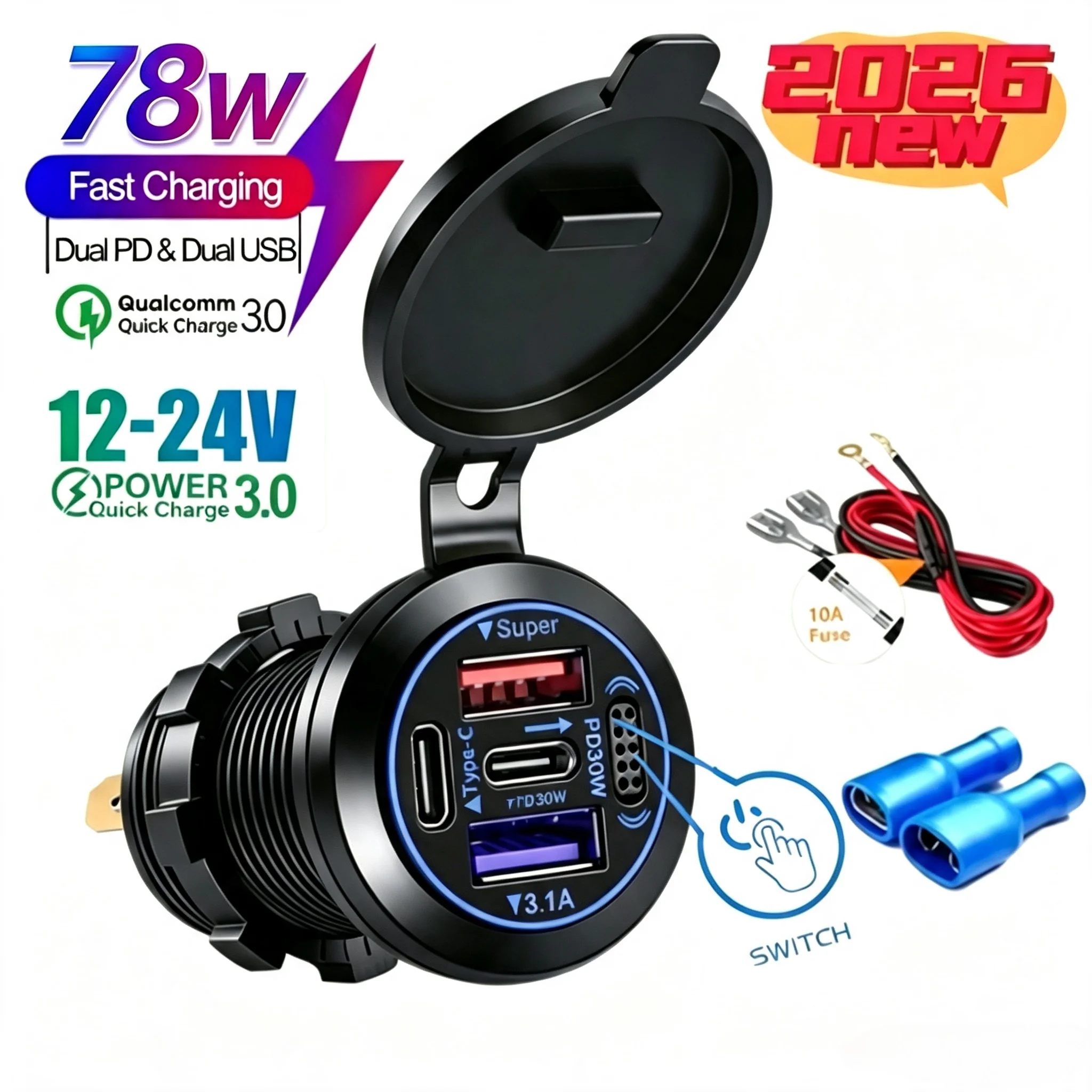 NUEVO Cargador de Coche Integrado de 12V-24V, PD30W QC3.0, 4 Puertos USB C de Carga Rápida, Toma de Corriente Impermeable para Motocicleta, RV, Camión