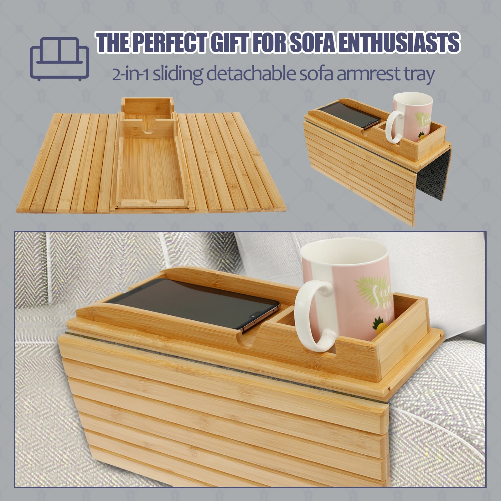 Portavasos para sofá, bandeja de reposabrazos de madera de bambú, portavasos plegable para sofá, portavasos antideslizante para brazo, bandeja de almacenamiento lateral para sofá
