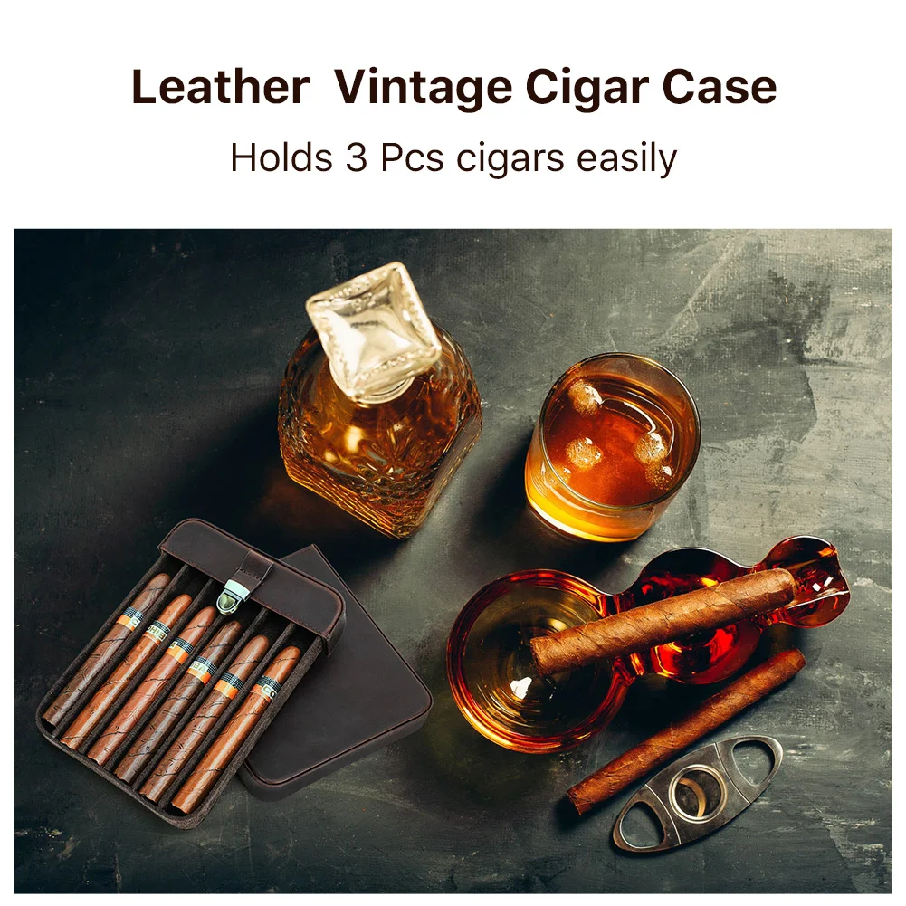 Estuche para cigarros portátil de cuero genuino de lujo, Humidor de viaje, soporte 3/6, bolsa de almacenamiento de cigarros, cuero vacuno Vintage al aire libre