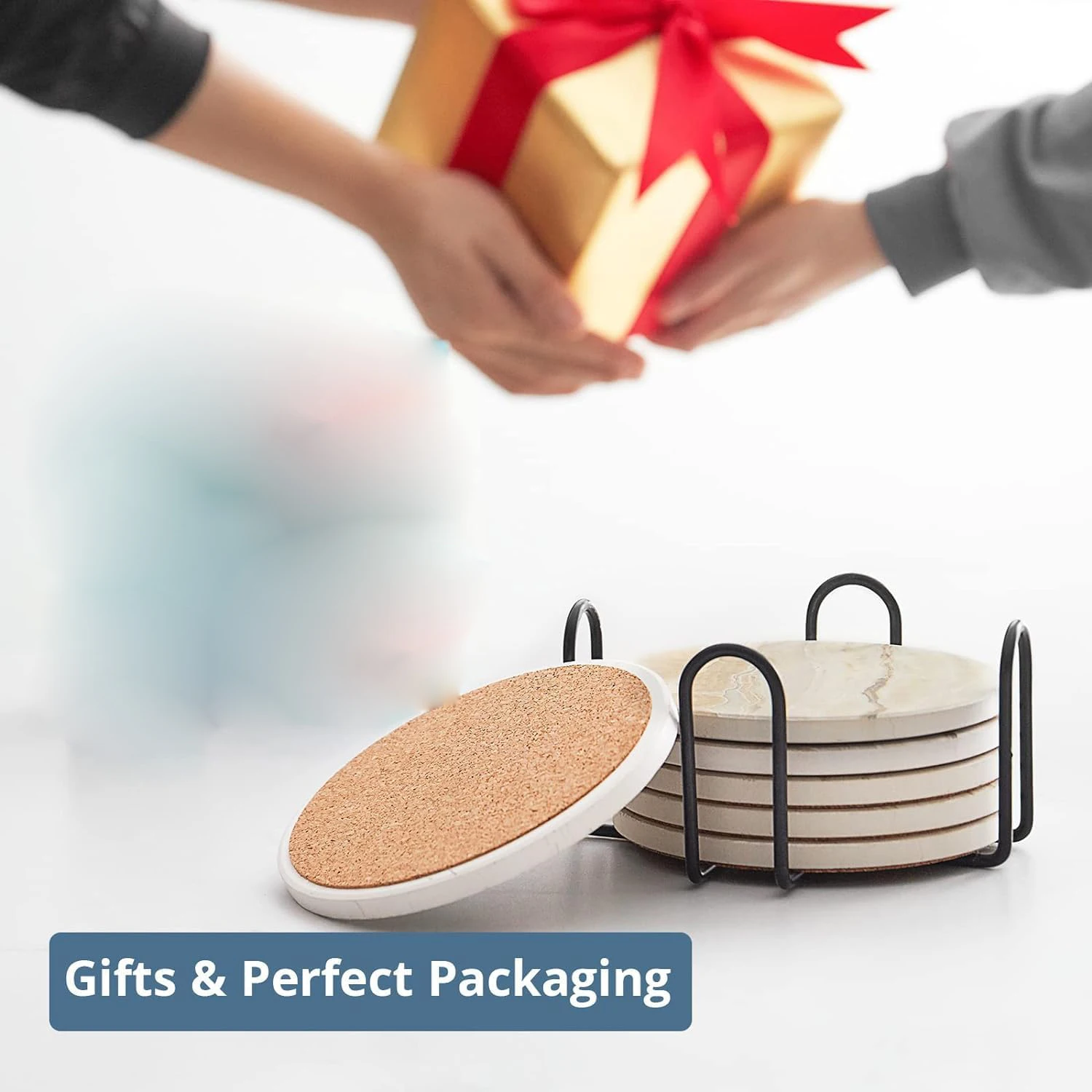 Juego de 6 posavasos para bebidas con soporte, estilo mármol, posavasos de cerámica para protección de escritorio
