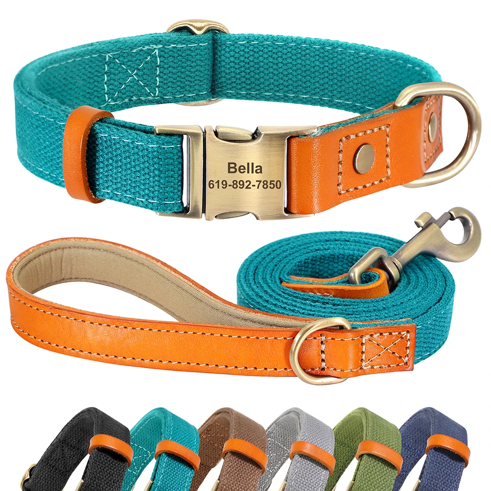 Collar de nailon personalizado para perro y cachorro, conjunto de correa de cuero genuino personalizado, placa de identificación para mascotas, accesorios, collares, productos para mascotas Perro