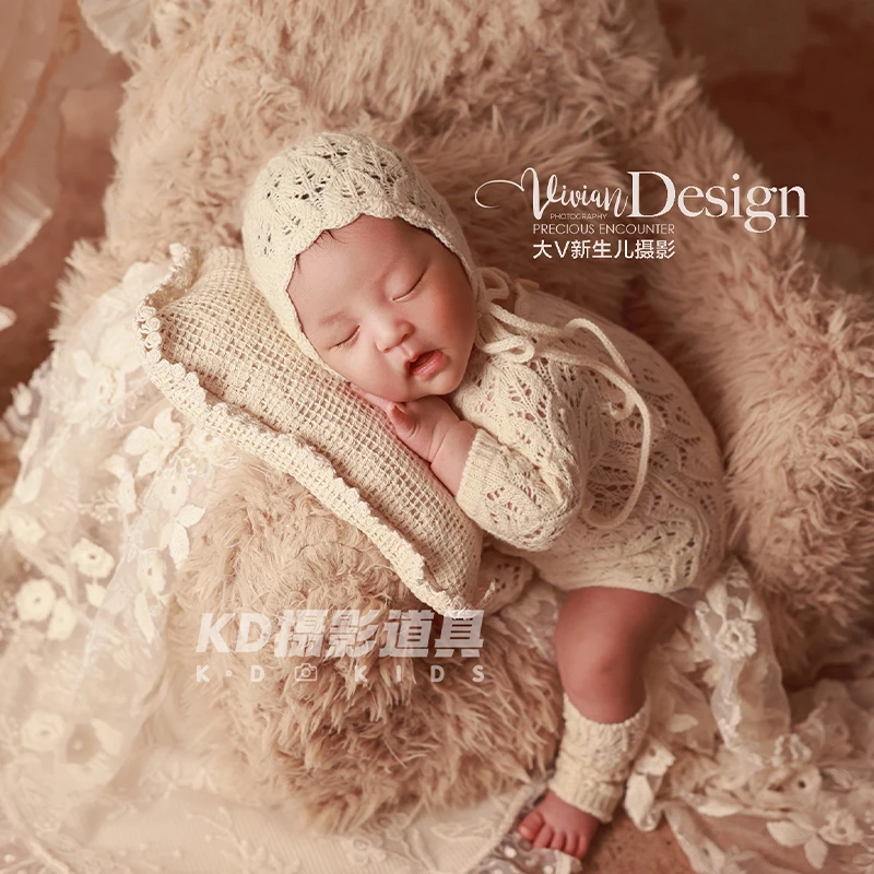 Traje de fotografía para recién nacido de estilo vintage, mono de punto para bebé, mameluco + sombrero + calcetines para sesión de fotos, bautizo, Baby Shower
