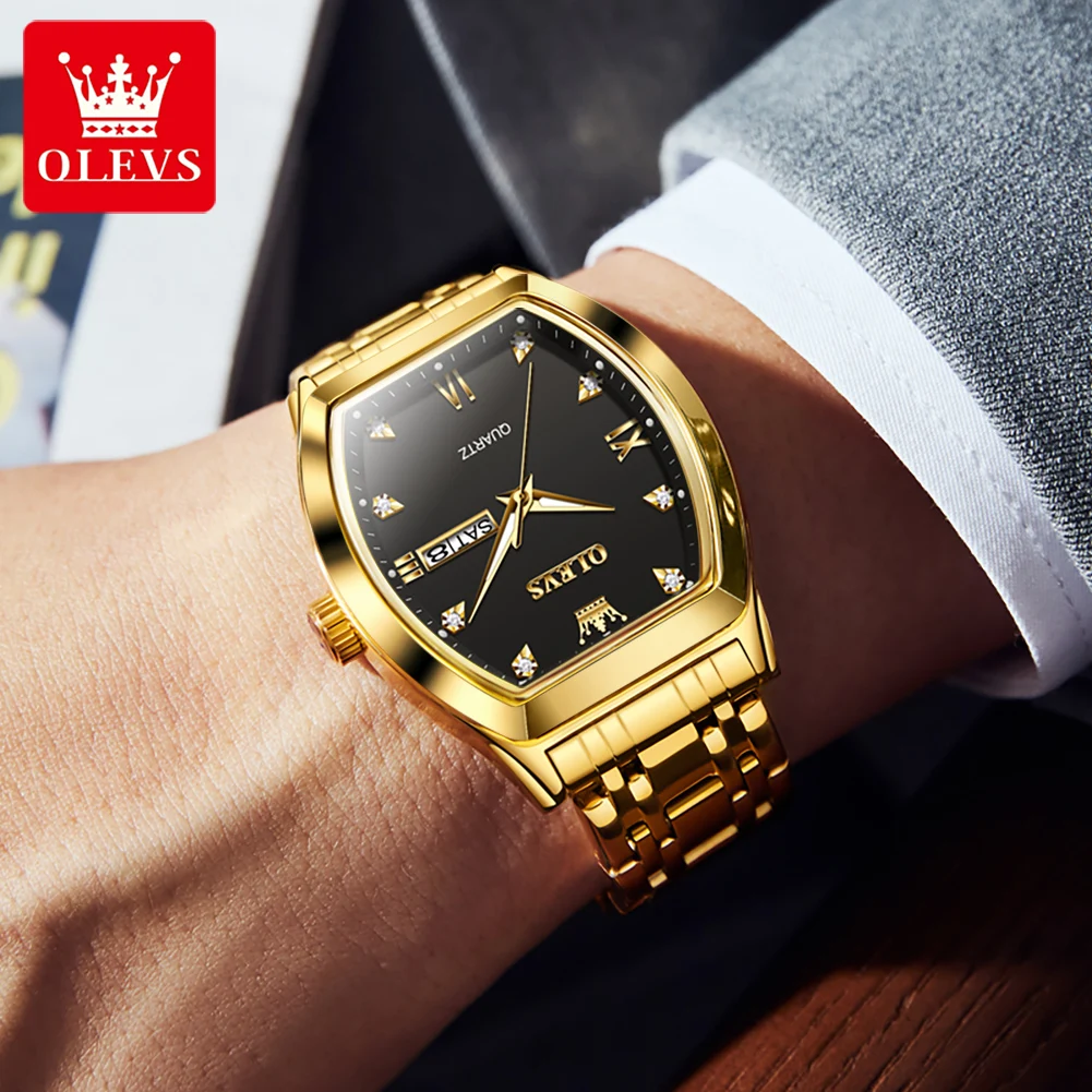 Relojes OLEVS para hombre, reloj de cuarzo Original Tonneau de lujo de la mejor marca para hombre, reloj de pulsera luminoso resistente al agua con fecha semanal para hombre