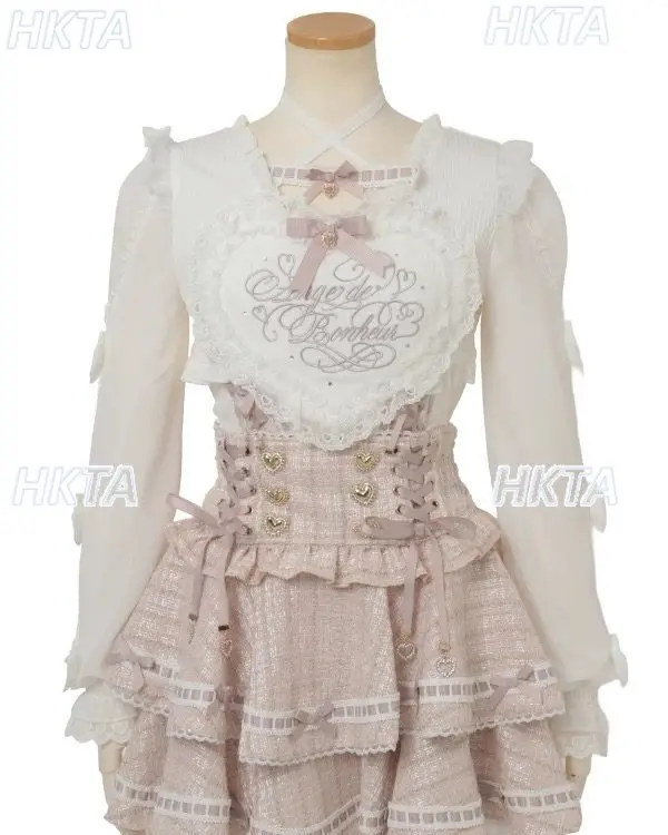 Camisas Lolita Japonesas Nuevas, Dulces y Lindas, Color Rosa Blanco, para Mujer, Estilo Kawaii, con Encaje, Corazón Grande, Tirantes Cruzados, Mangas Largas, Blusas, Camiseta Liz