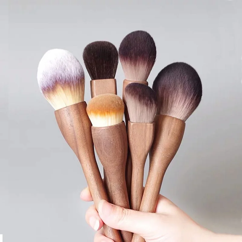 Brocha de maquillaje con mango de madera Vintage, brocha de contorno de base en polvo suelto de nogal de alta calidad, herramienta de belleza súper suave, 6 uds.