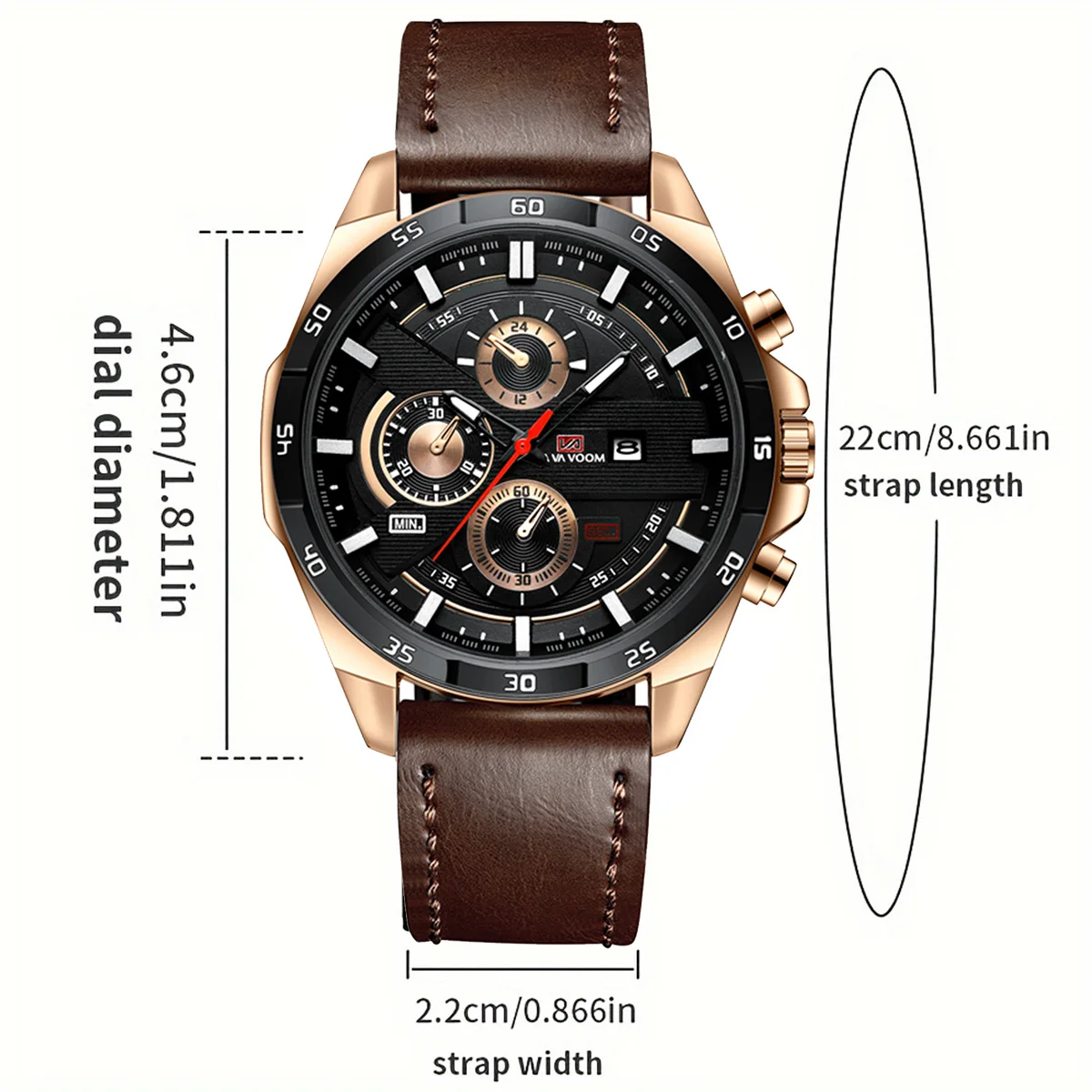Reloj Deportivo para Hombre de 46mm, Correa de Cuero Negra, Serie Racing, Uso Diario, Reloj de Cuarzo con Esfera de Oro Rosa Original, Relogio Masculino