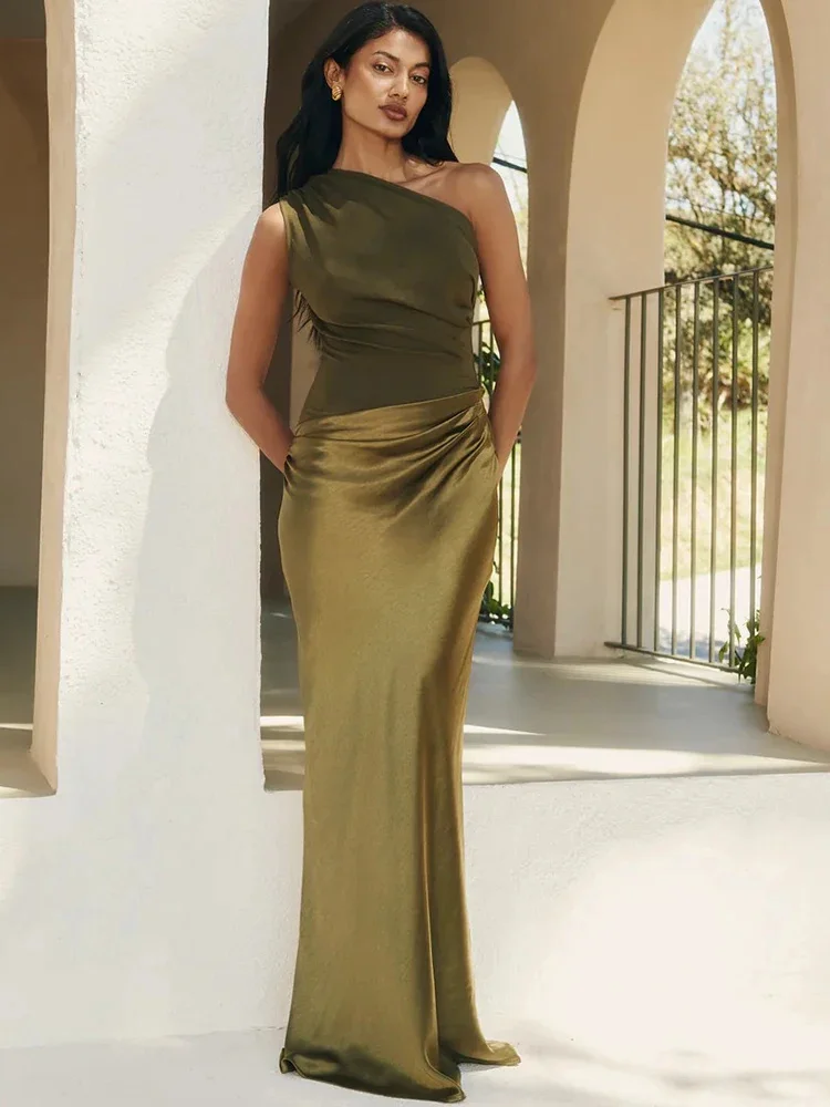 JULISSA MO Patchwork satén Sexy un hombro mujeres Maxi vestido marrón sin mangas vestido de noche verano ajustado elegante fiesta Clubwear