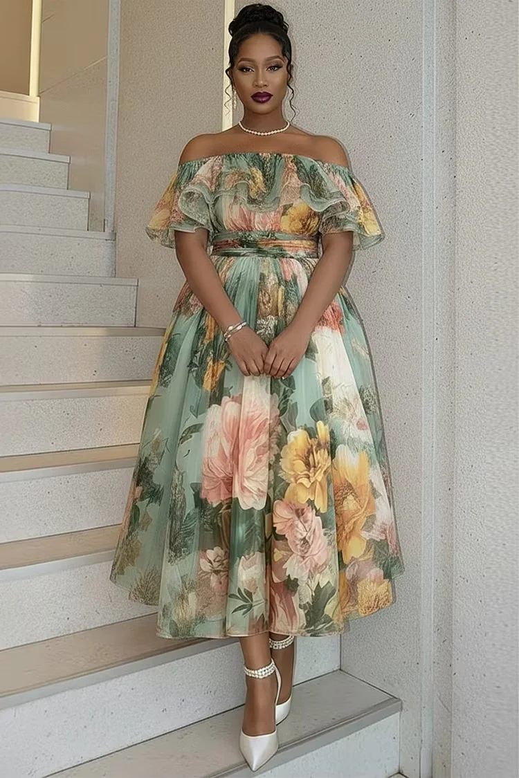 Vestido largo elegante para mujer, talla grande, con estampado floral, hombros descubiertos, cuello con volantes, corte fluido en A, ideal para invitadas de boda en verano, estilo casual.