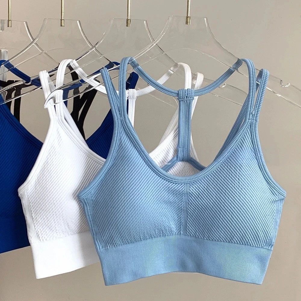 Camiseta sin mangas para sujetador deportivo con tirantes finos y espalda descubierta elástica sin costuras para mujer, con almohadillas para sujetador para yoga y fitness