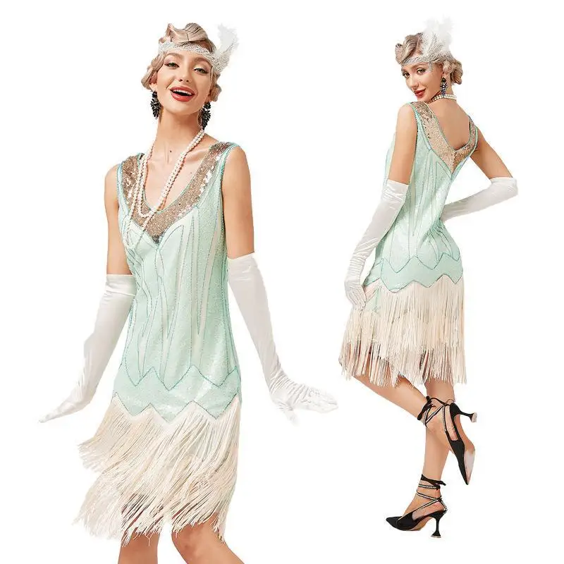 Falda larga sin mangas para mujer, vestido Flapper de fiesta del gran Gatsby Vintage de los años 1920, vestido de cóctel con flecos y lentejuelas