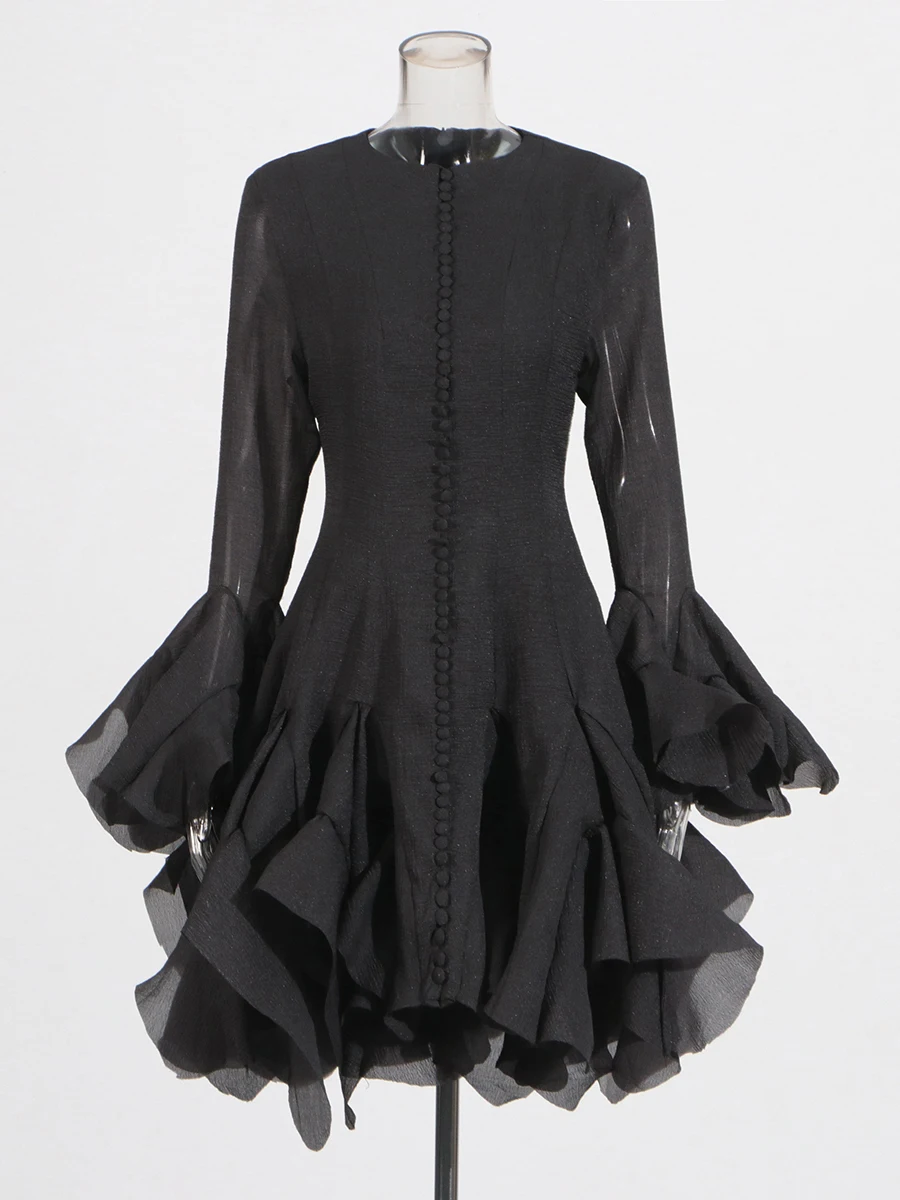 TWOTWINSTYLE, vestidos adelgazantes lisos con botones empalmados para mujer, cuello redondo, manga larga, cintura alta, volantes de retazos, moda femenina nueva