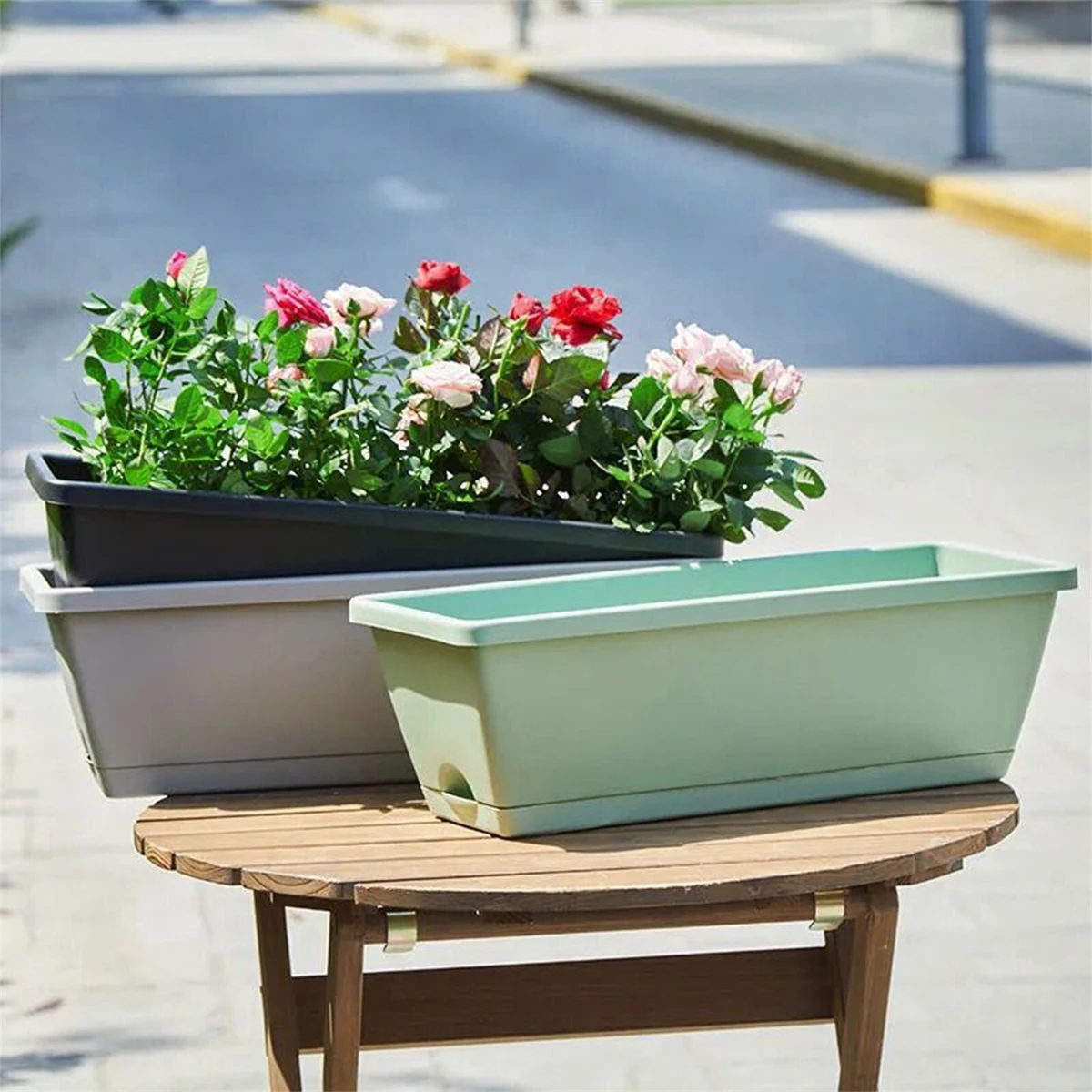 1 Juego de macetero de flores y verduras para balcón con bandeja y estante de plástico para jardín, maceta larga colgante Rectangular Simple para flores