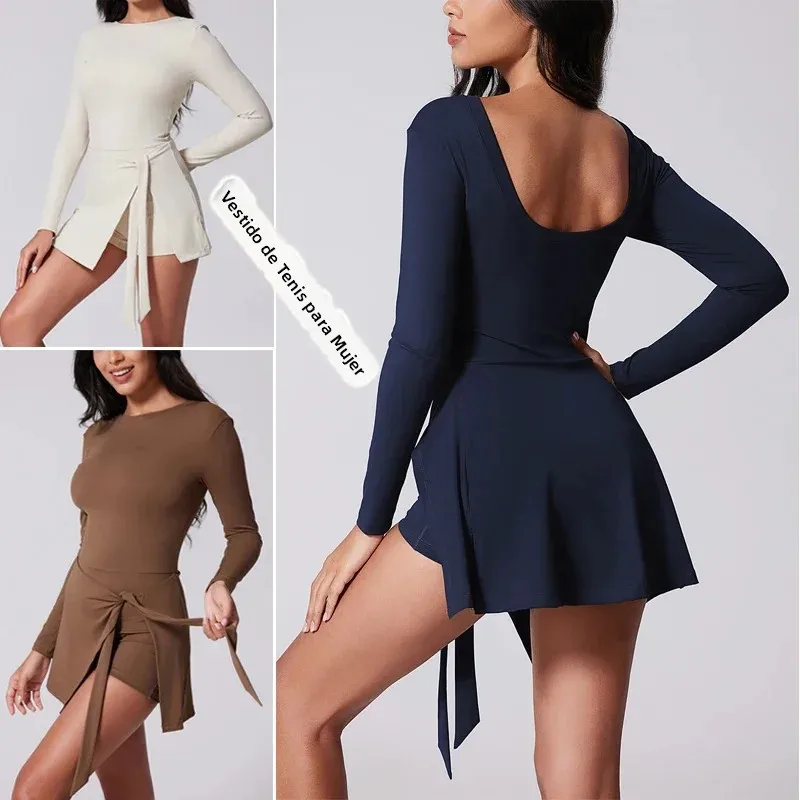 VITALINOVO Vestido de tenis de cuello alto para mujer, falda envolvente tipo pareo de manga larga, pantalones cortos integrados, vestido atlético de golf, mamelucos de entrenamiento