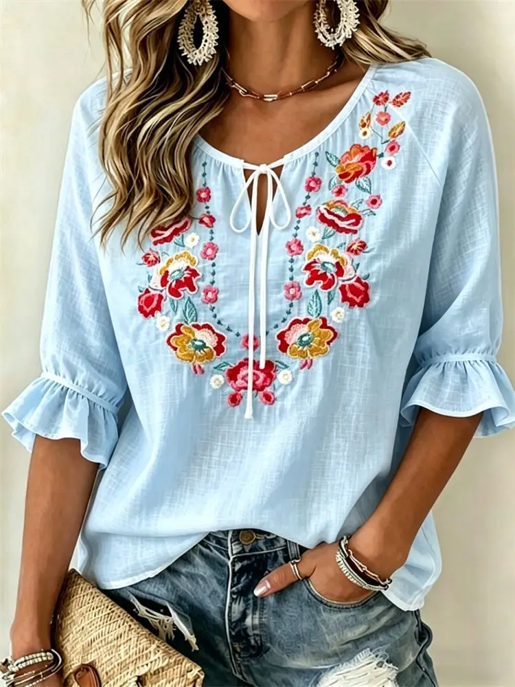 Blusa de Mujer con Estampado Floral Degradado Azul, Cuello con Lazo, Estilo Casual y Holgado para Primavera, Verano, Uso Diario y Ocasiones de Vacaciones