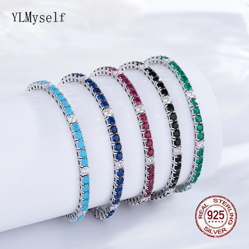 Joyería Fina, pulsera de tenis de plata 925 con circonita cúbica azul Montana/verde esmeralda/rojo rubí/turquesa/negro de 3mm