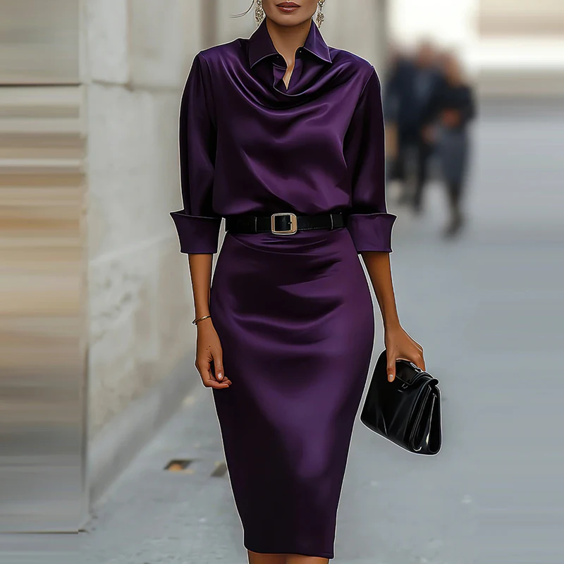 Vestido de satén de alta gama, elegante y moderno, de manga larga, con cintura ajustada y efecto adelgazante, nuevo vestido de primavera.