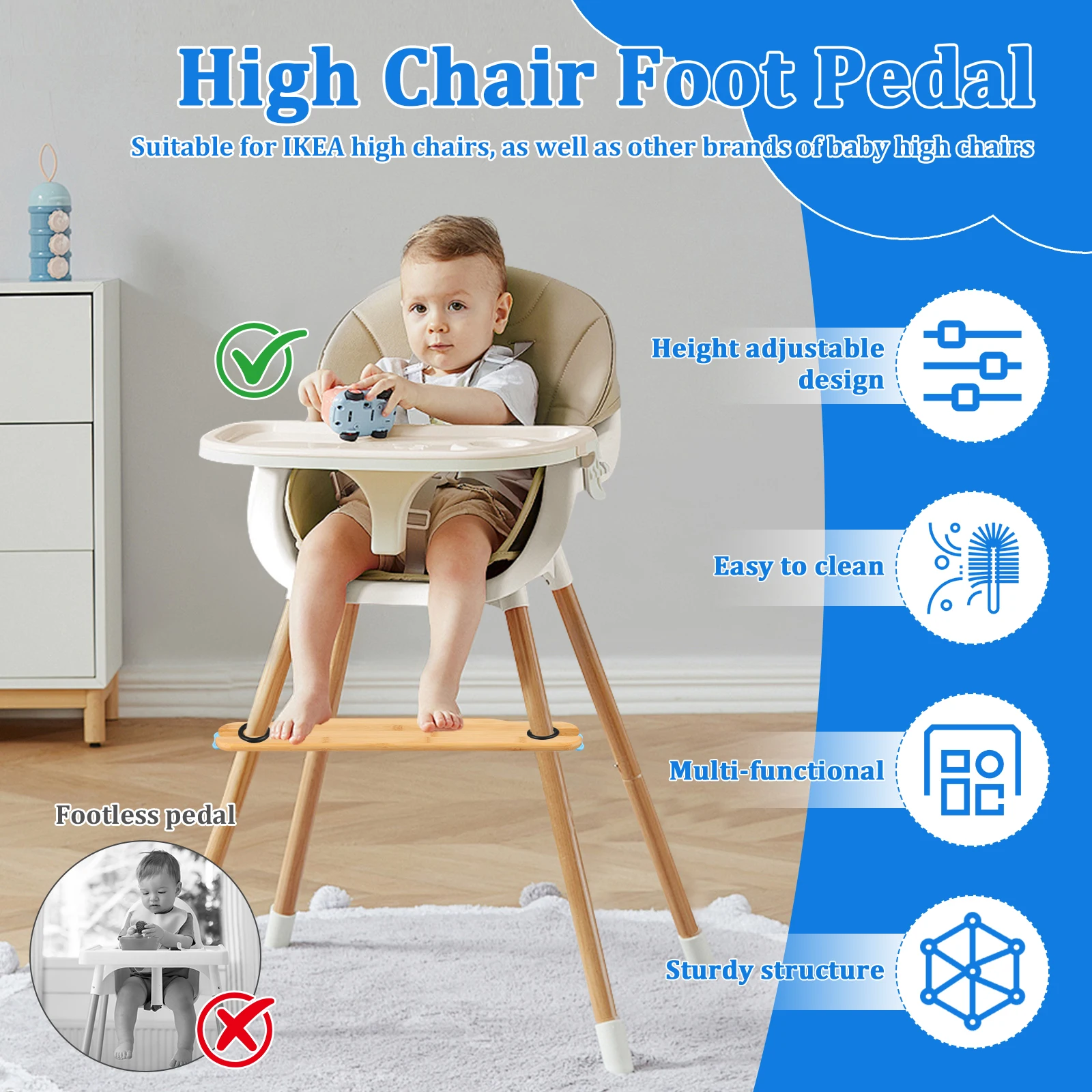 Reposapiés para Silla Alta de Bebé, Altura Ajustable, Pedal para Silla Alta de Bebé, Reposapiés de Bambú Natural para Asiento Infantil, Accesorios para Bebés
