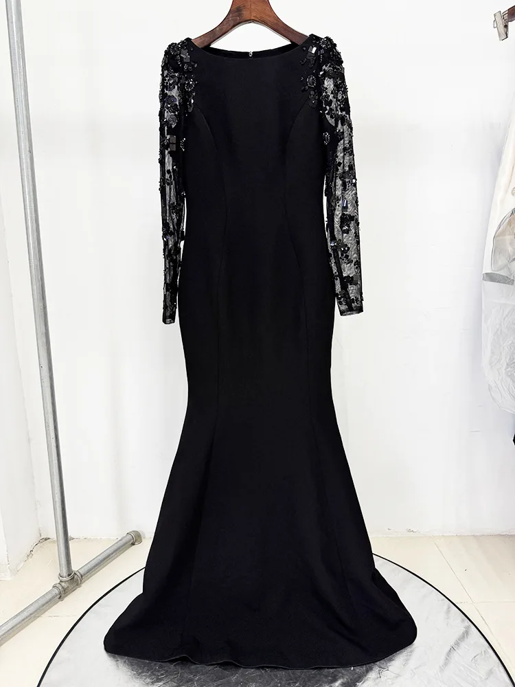 HIGH STREET Última Moda 2026 Vestido de Fiesta de Diseñador para Mujer, Vestido Largo Maxi de Manga Larga con Malla Empalmada y Diamantes con Cuentas