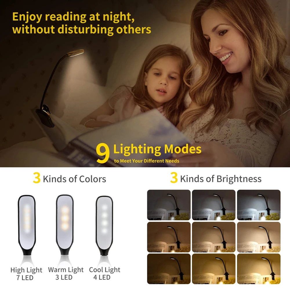 Luz de libro de 7 LED, luz de lectura recargable por USB, luz blanca cálida y fría de 3 niveles, lámpara de lectura nocturna portátil, Flexible y fácil Clip