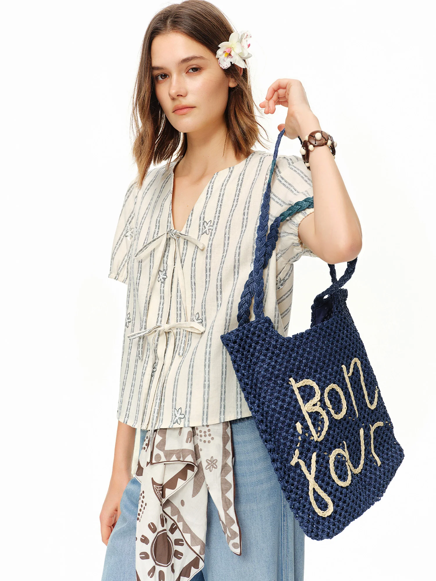 DUSHU 2026 Nueva Blusa de Verano para Mujer con Cuello en V y Rayas, Top de Lino y Algodón con Cuentas para un Estilo Coqueta y Relajado Diario