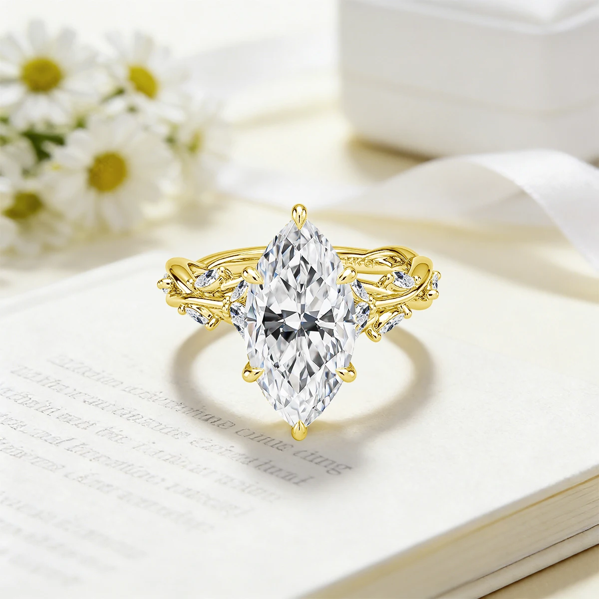 Anillo de Compromiso de Oro Real de 14K con Moissanita de 3CT, Corte Marquesa, Certificado GRA, Inspirado en la Naturaleza, Au585, para Mujer