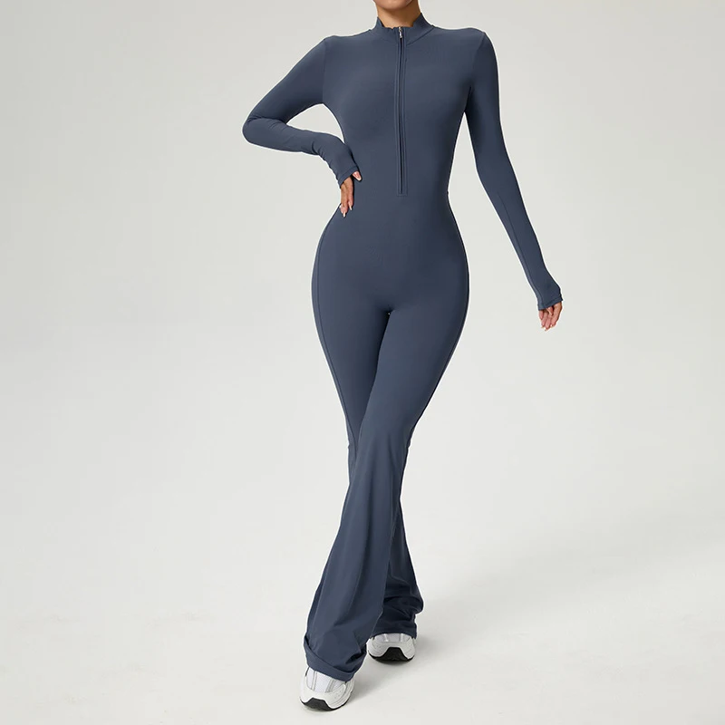 Nuevo Mono con Cremallera y Pantalones Acampanados, Ropa Deportiva para Mujer, Conjuntos Deportivos de Yoga y Gimnasio, Conjuntos de Entrenamiento de Spandex y Nailon, Chándal para Mujer