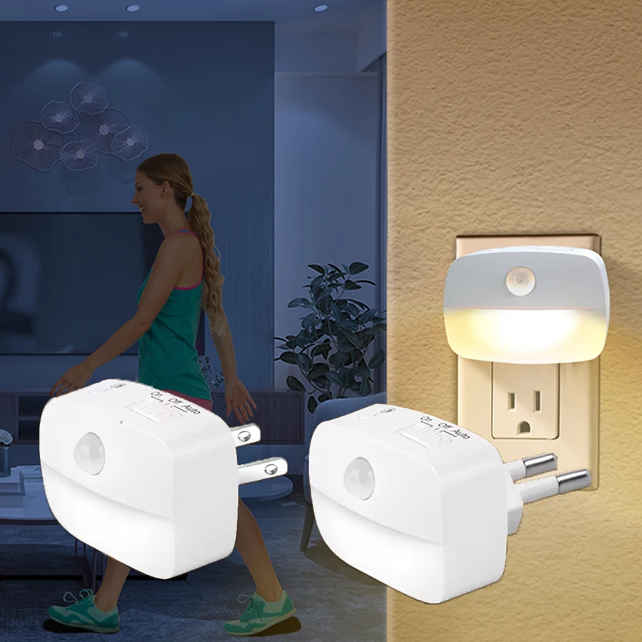 Luz nocturna Led con enchufe UE EE. UU. con Sensor de movimiento AC 85-265V PIR lámpara de inducción humana 3 colores enchufable en la pared para dormitorio pasillo