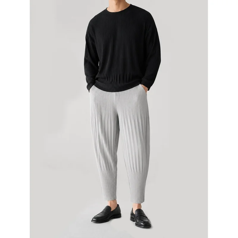 Pantalones Holgados Plisados Miyake para Hombre, Estilo Japonés Vintage, Transpirables, de Cintura Baja, Ropa Urbana