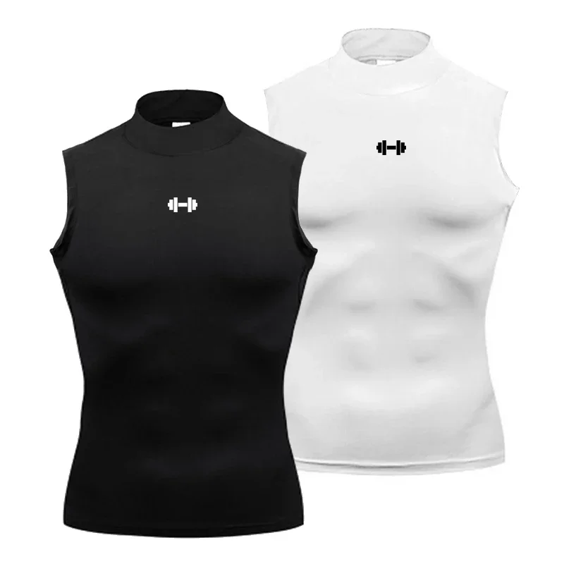 Camisa de compresión para hombre, ropa deportiva de verano, chaleco para correr, camisetas deportivas elásticas de secado rápido sin mangas, camiseta de cuello alto, camiseta sin mangas para entrenamiento en gimnasio