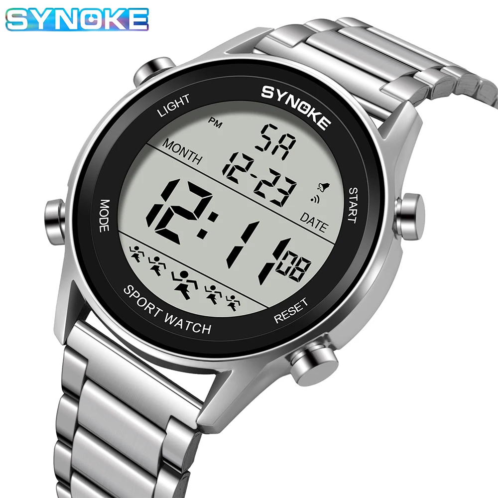SYNOKE-reloj deportivo de lujo para hombre, cronógrafo Digital con correa de acero inoxidable, resistente al agua, con luz trasera y alarma