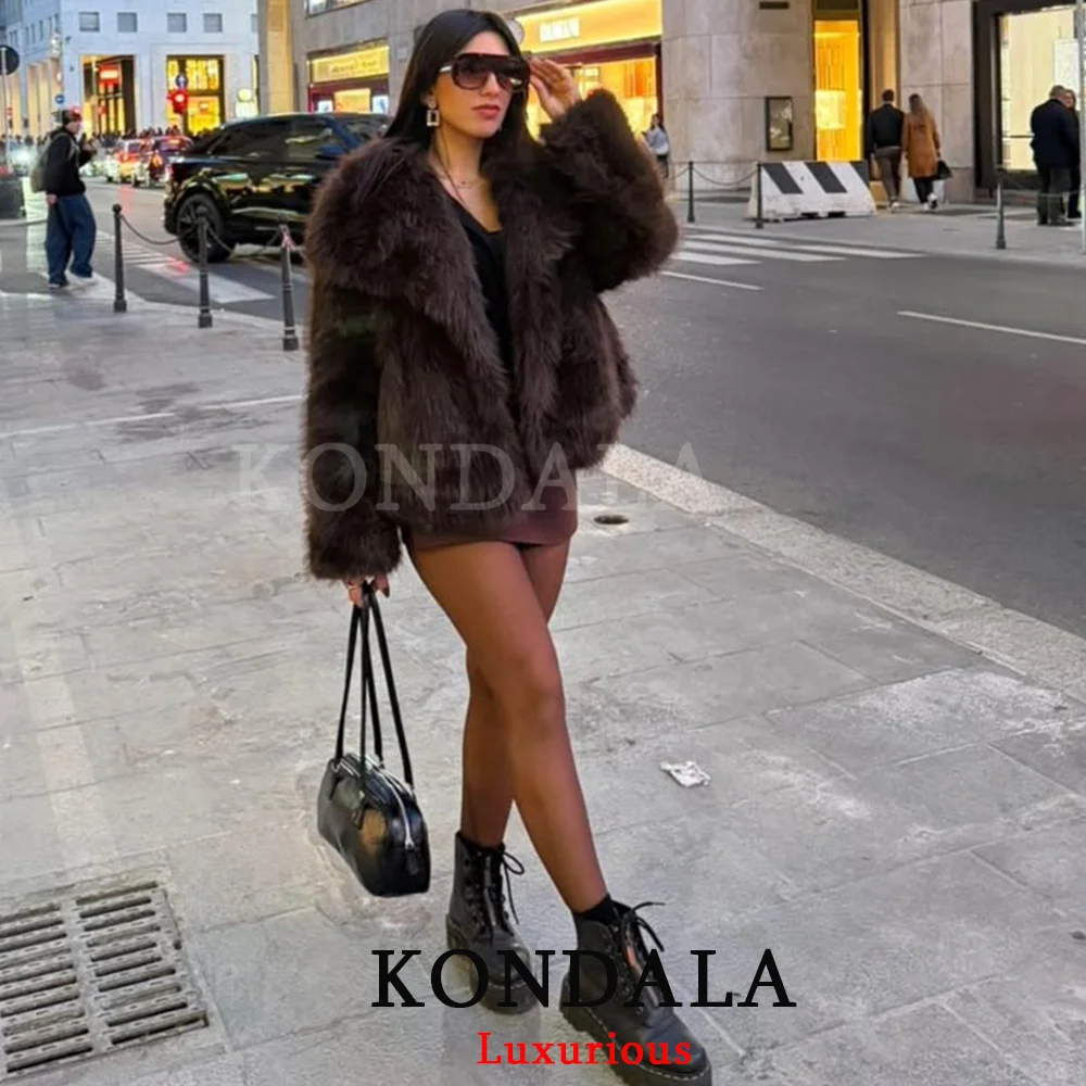 KONDALA, chaquetas informales de piel gruesa marrón para mujer, abrigos de piel sintética de manga larga con cuello en V para otoño e invierno, ropa de calle a la moda 2025