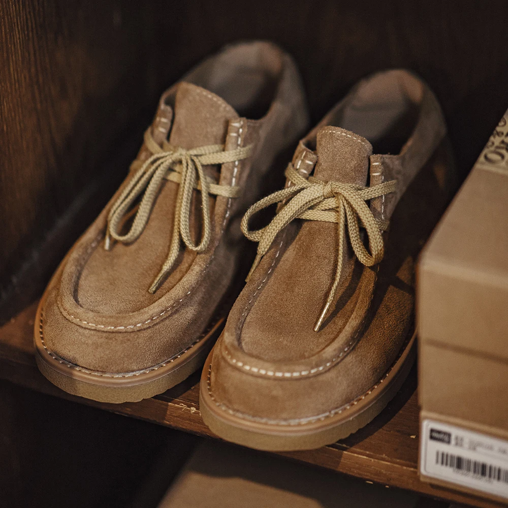 Botas Bajas de Gamuza Dividida Color Caqui Vintage Maden, Mocasines Casuales con Suela Suave, Zapatos de Vestir con Cordones, Zapatos Clásicos para Hombre, Primavera-Otoño
