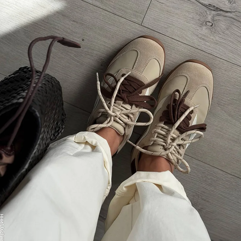 BEAUTODAY, zapatillas informales de cuero vacuno, Color mezclado, punta redonda, cordones de doble color, zapatillas deportivas, zapatos de mujer hechos a mano 29977