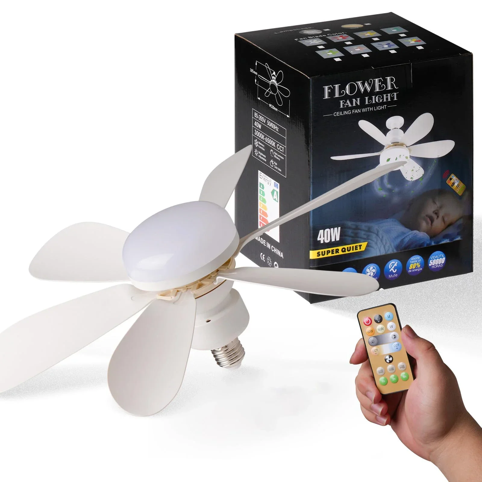 Ventilador de techo LED de 40W con luz E27 y control remoto para atenuación, adecuado para sala de estar, estudio, uso doméstico, 85-265V