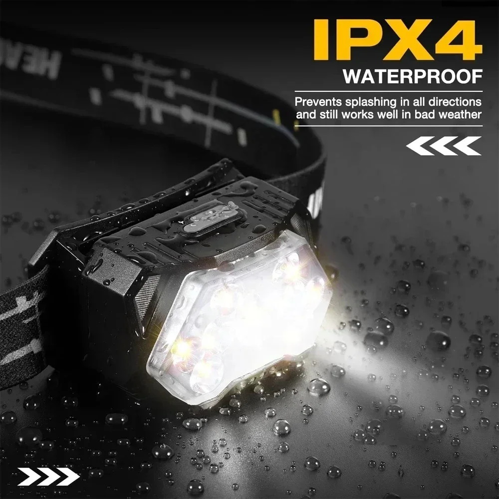 Linterna frontal portátil de 9 luces Led, recargable por USB con Sensor de movimiento, resistente al agua, para exteriores, para acampar y pescar